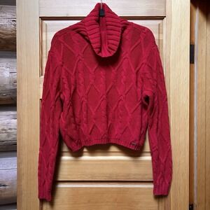 Valentines Hollister Women Red Cable Turtleneck Sweater Crop Large Cabincore Ski